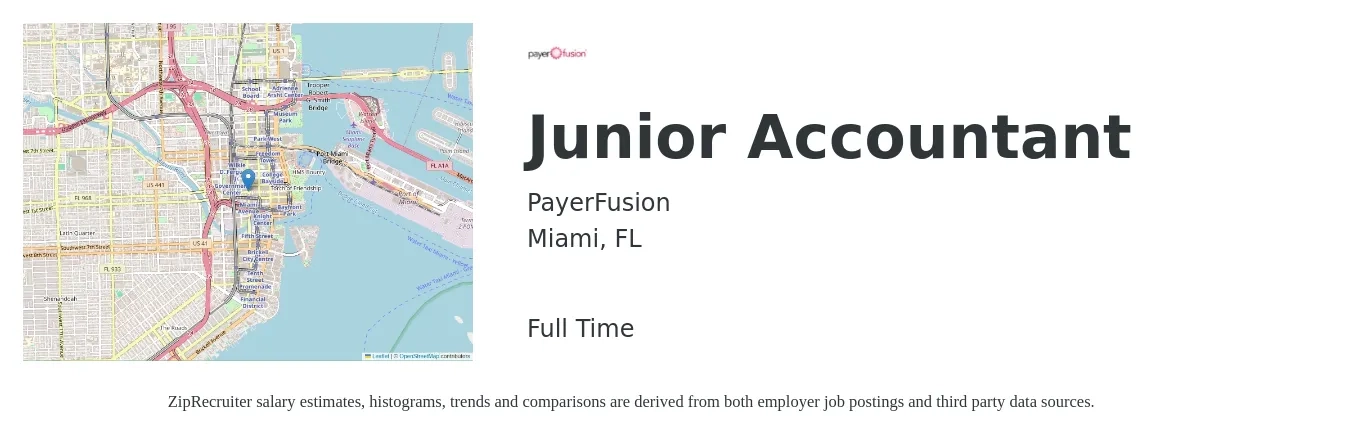 PayerFusion job posting for a Junior Accountant in Miami, FL with a salary of $45,400 to $57,400 Yearly with a map of Miami location.
