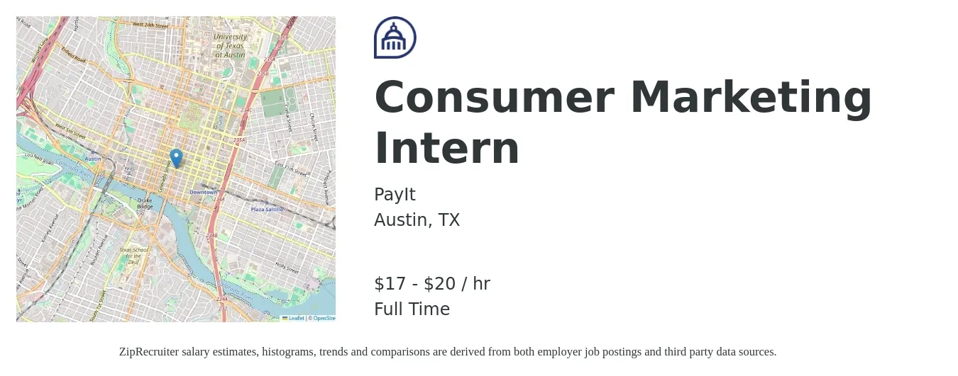 PayIt job posting for a Consumer Marketing Intern in Austin, TX with a salary of $18 to $21 Hourly with a map of Austin location.