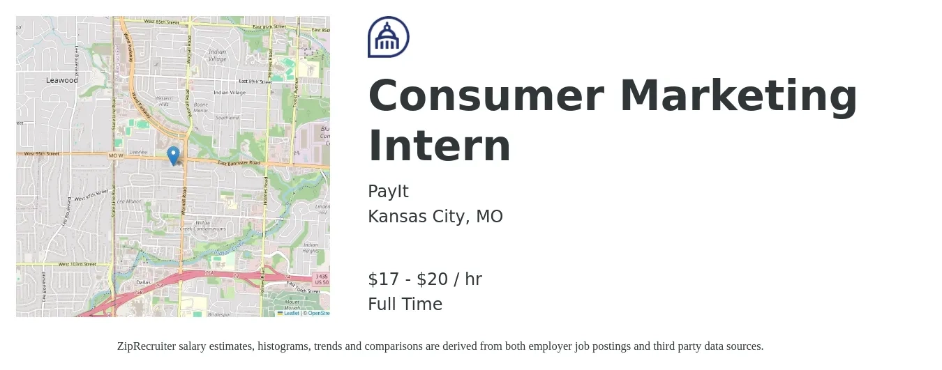 PayIt job posting for a Consumer Marketing Intern in Kansas City, MO with a salary of $18 to $21 Hourly with a map of Kansas City location.