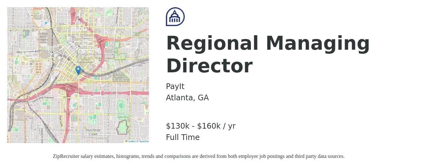 PayIt job posting for a Regional Managing Director in Atlanta, GA with a salary of $130,000 to $160,000 Yearly with a map of Atlanta location.