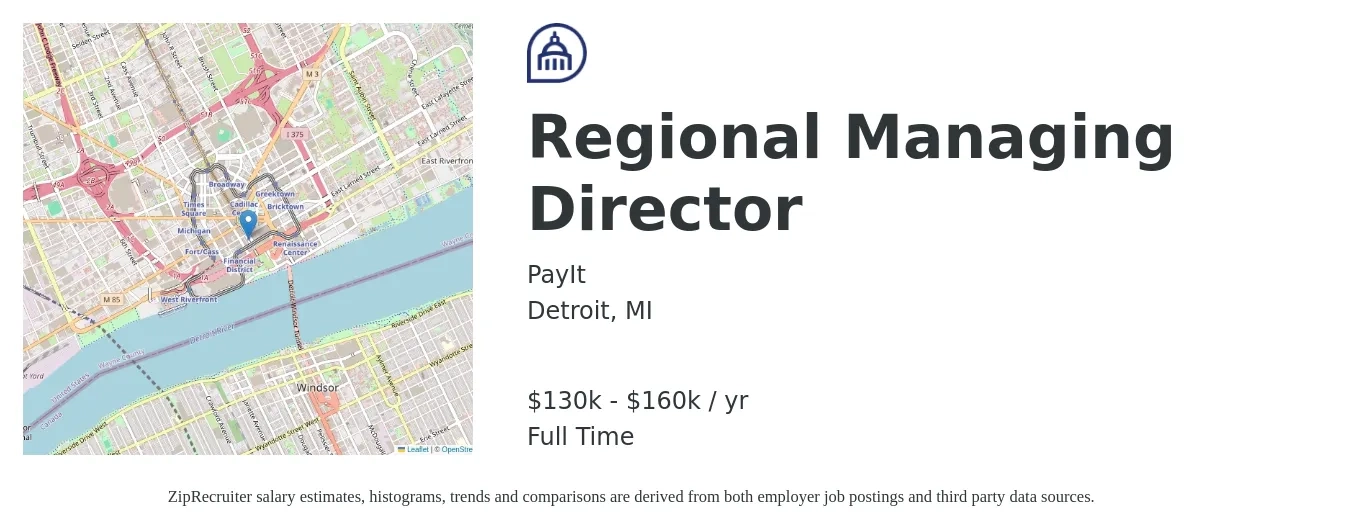 PayIt job posting for a Regional Managing Director in Detroit, MI with a salary of $130,000 to $160,000 Yearly with a map of Detroit location.