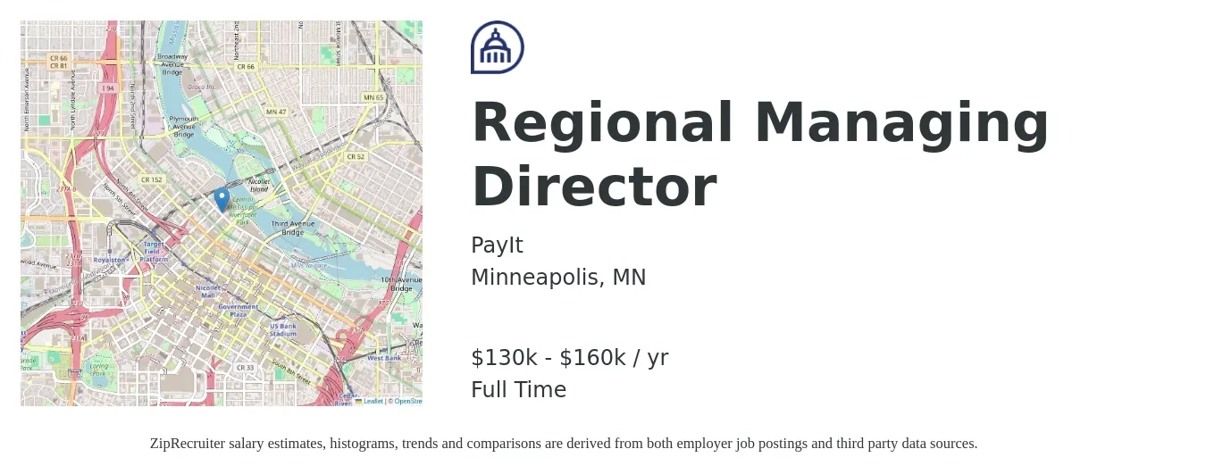 PayIt job posting for a Regional Managing Director in Minneapolis, MN with a salary of $130,000 to $160,000 Yearly with a map of Minneapolis location.