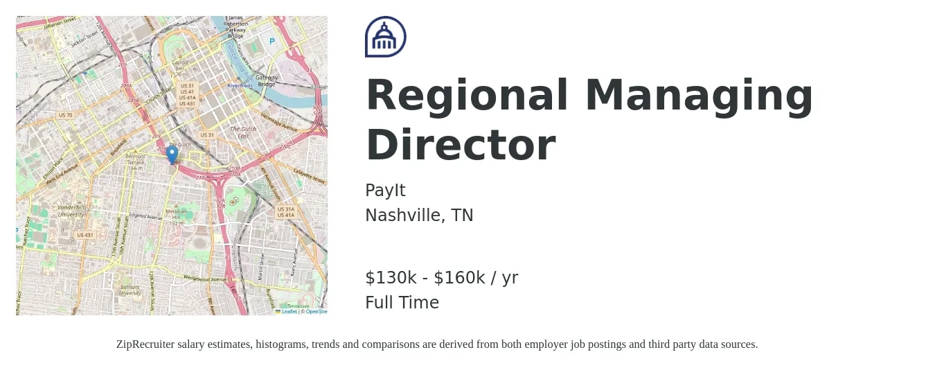 PayIt job posting for a Regional Managing Director in Nashville, TN with a salary of $130,000 to $160,000 Yearly with a map of Nashville location.