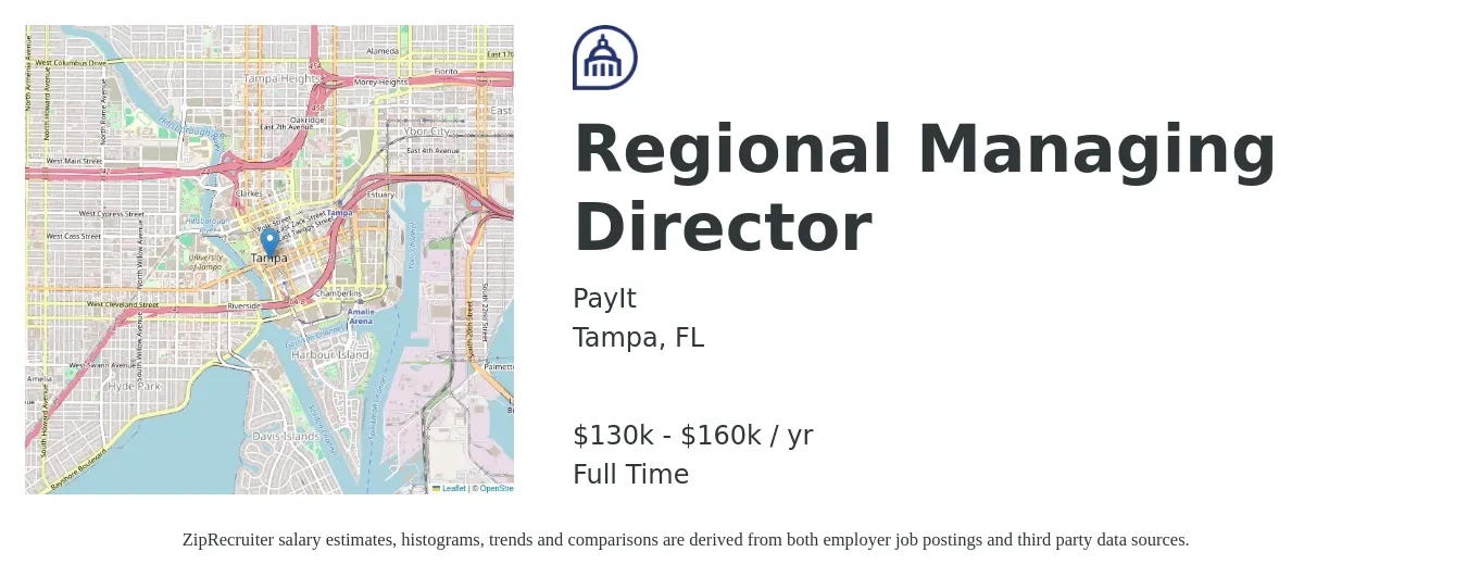 PayIt job posting for a Regional Managing Director in Tampa, FL with a salary of $130,000 to $160,000 Yearly with a map of Tampa location.