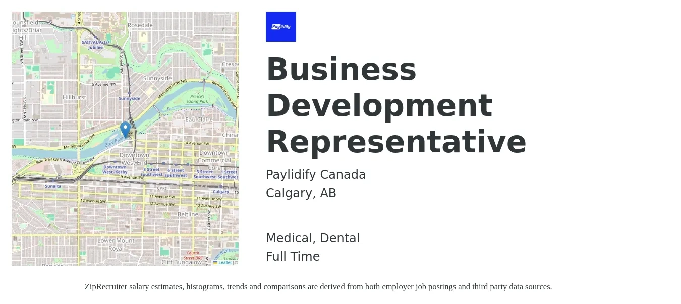 Paylidify Canada job posting for a Business Development Representative in Calgary, AB and benefits including dental, and medical with a map of Calgary location.
