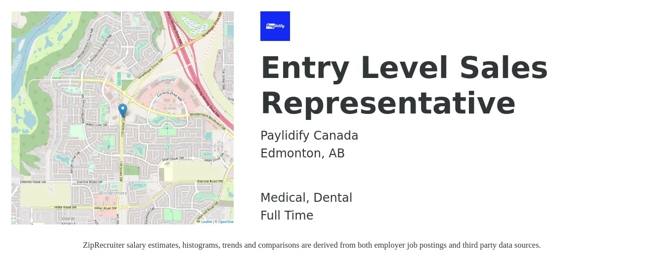 Paylidify Canada job posting for a Entry Level Sales Representative in Edmonton, AB with a salary of $4,000 to $8,000 Monthly and benefits including dental, and medical with a map of Edmonton location.