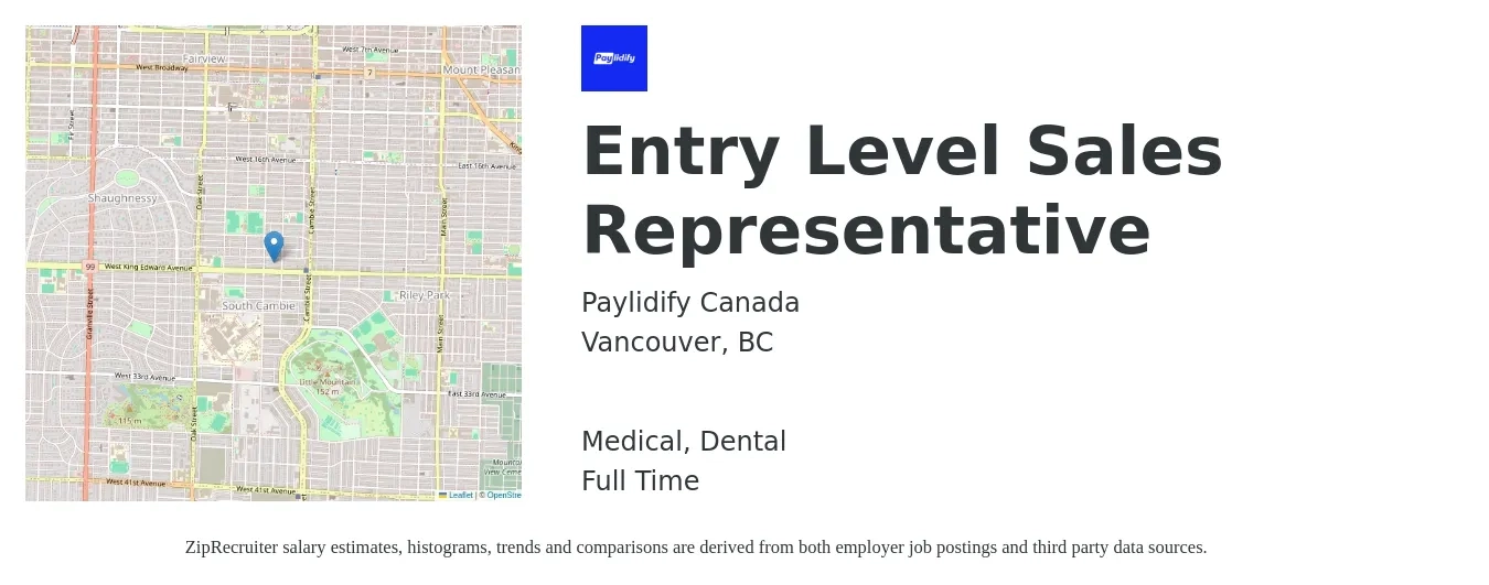 Paylidify Canada job posting for a Entry Level Sales Representative in Vancouver, BC with a salary of $4,000 to $8,000 Monthly and benefits including medical, and dental with a map of Vancouver location.