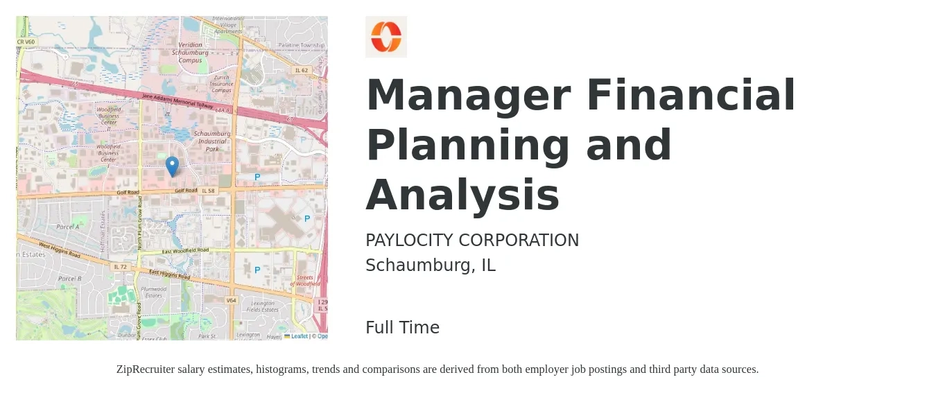Paylocity job posting for a Manager Financial Planning and Analysis in Schaumburg, IL with a salary of $104,100 to $136,700 Yearly with a map of Schaumburg location.
