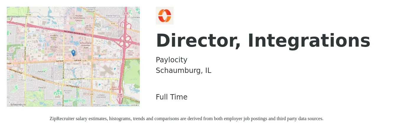 Paylocity job posting for a Director, Integrations in Schaumburg, IL with a salary of $143,100 to $172,700 Yearly with a map of Schaumburg location.