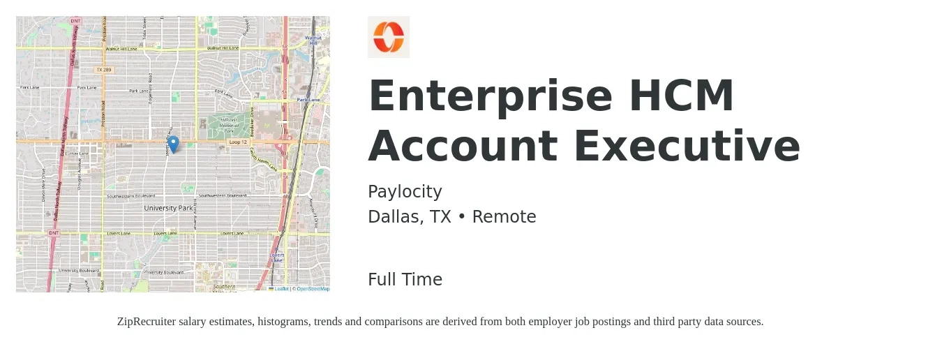 Paylocity job posting for a Enterprise HCM Account Executive in Dallas, TX with a salary of $79,100 to $133,500 Yearly with a map of Dallas location.