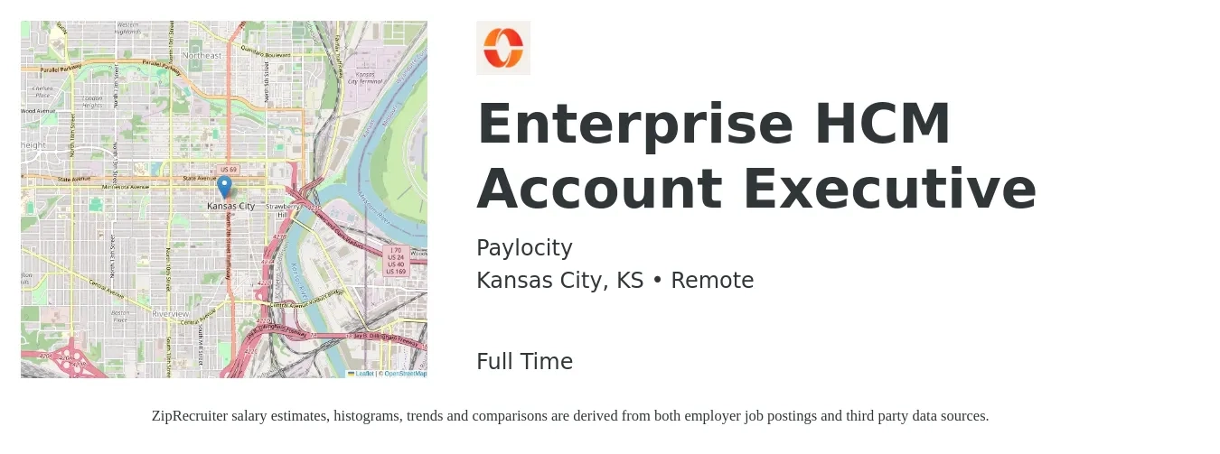 Paylocity job posting for a Enterprise HCM Account Executive in Kansas City, KS with a salary of $77,100 to $130,200 Yearly with a map of Kansas City location.