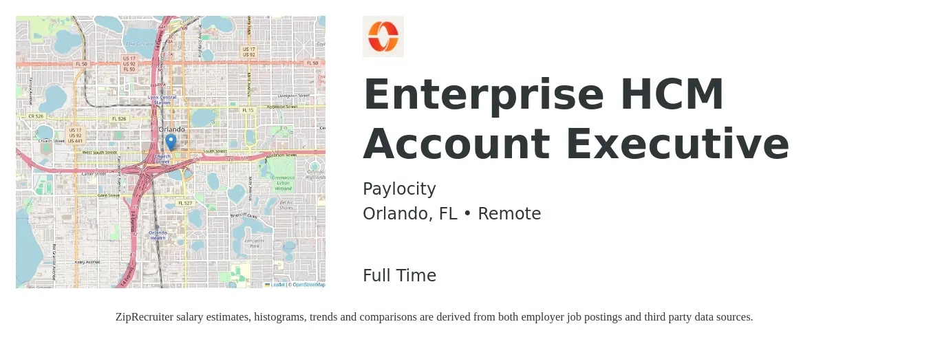 Paylocity job posting for a Enterprise HCM Account Executive in Orlando, FL with a salary of $74,700 to $126,000 Yearly with a map of Orlando location.