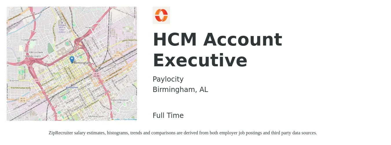 Paylocity job posting for a HCM Account Executive in Birmingham, AL with a salary of $50,600 to $89,000 Yearly with a map of Birmingham location.