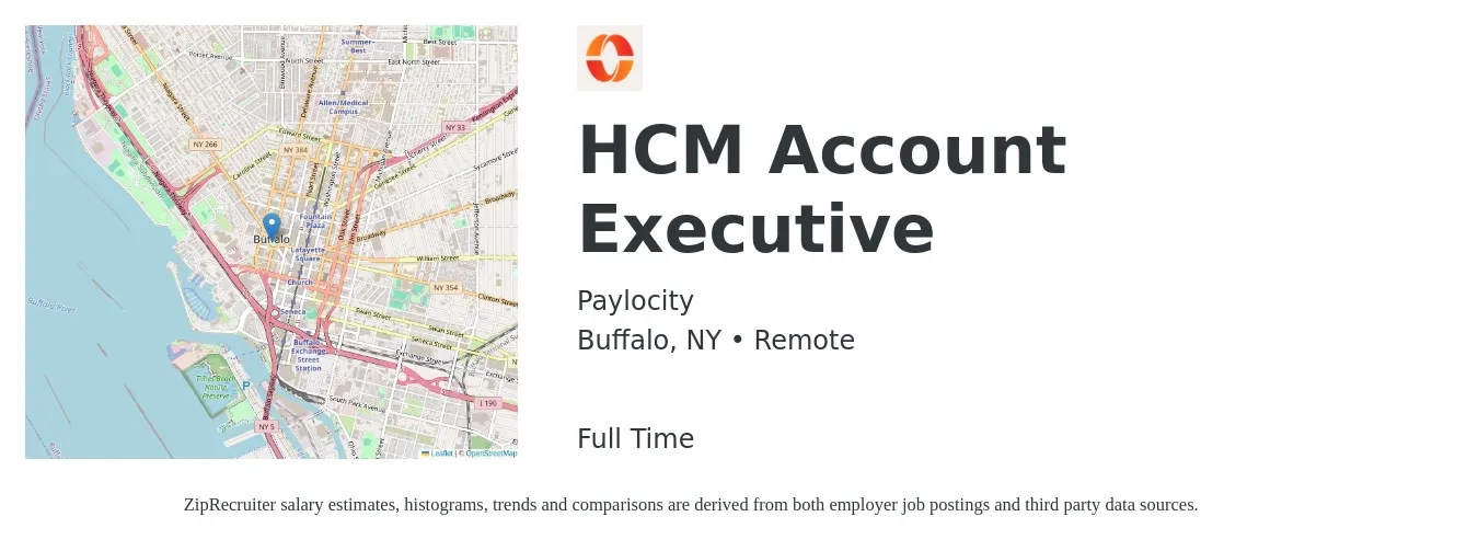 Paylocity job posting for a HCM Account Executive in Buffalo, NY with a salary of $52,300 to $92,000 Yearly with a map of Buffalo location.