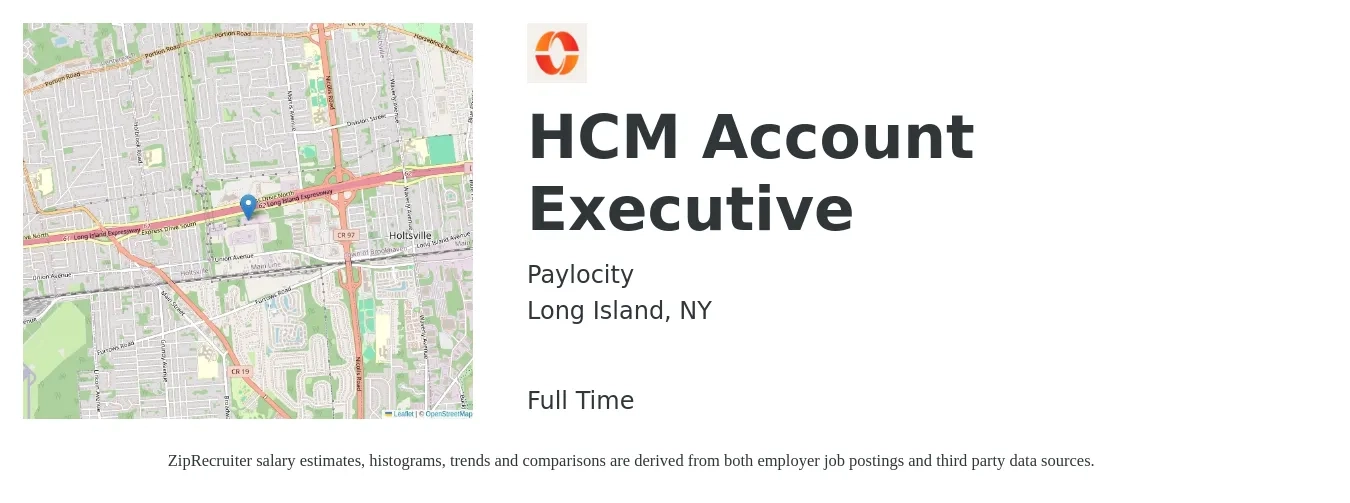 Paylocity job posting for a HCM Account Executive in Long Island, NY with a salary of $54,900 to $96,600 Yearly with a map of Long Island location.