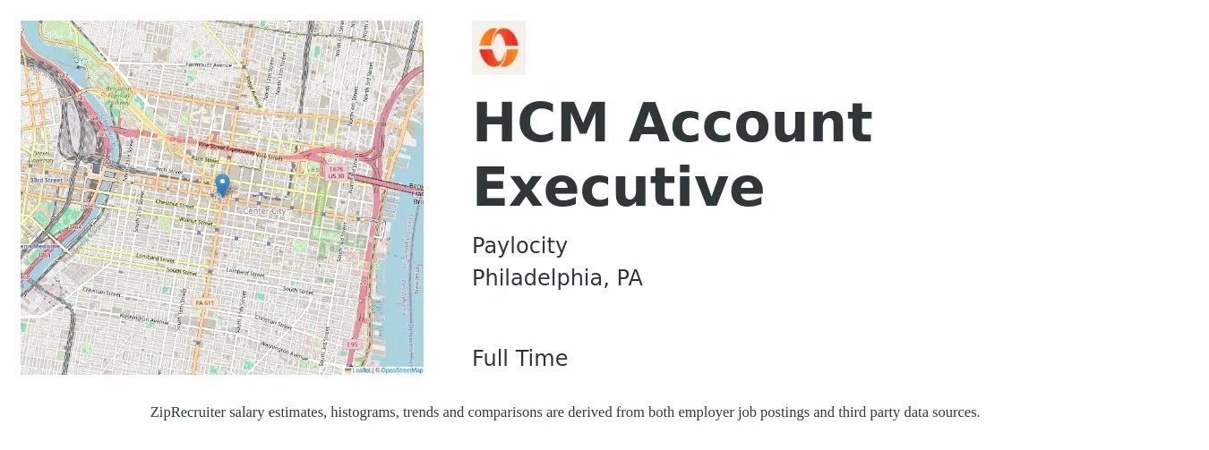Paylocity job posting for a HCM Account Executive in Philadelphia, PA with a salary of $54,500 to $95,900 Yearly with a map of Philadelphia location.