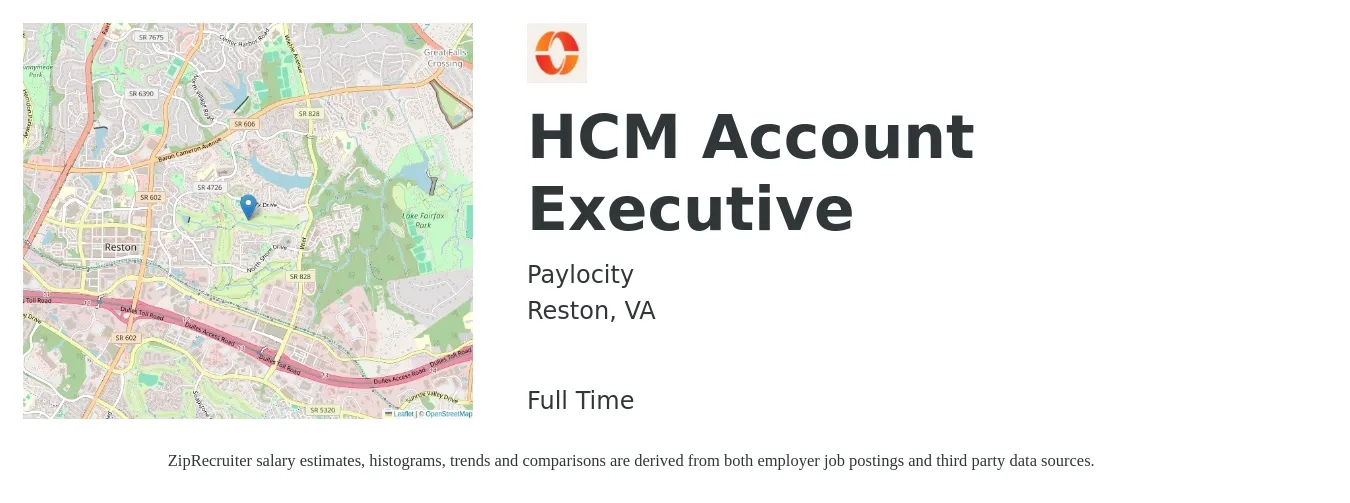 Paylocity job posting for a HCM Account Executive in Reston, VA with a salary of $56,200 to $98,800 Yearly with a map of Reston location.
