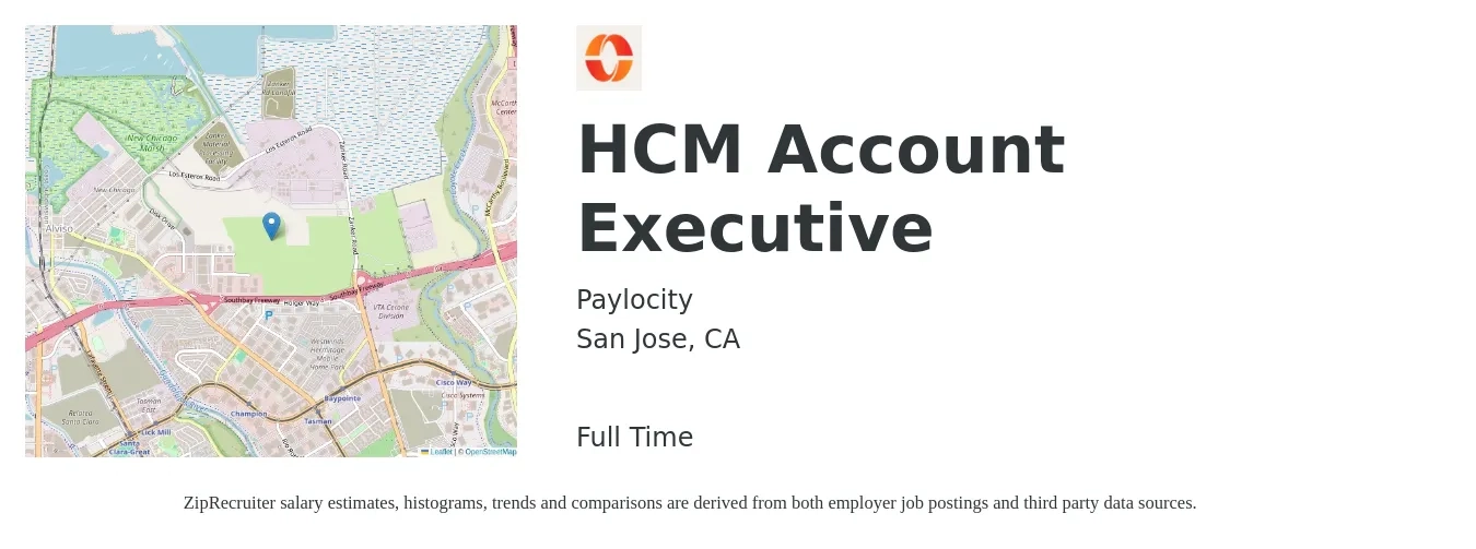 Paylocity job posting for a HCM Account Executive in San Jose, CA with a salary of $63,300 to $111,300 Yearly with a map of San Jose location.