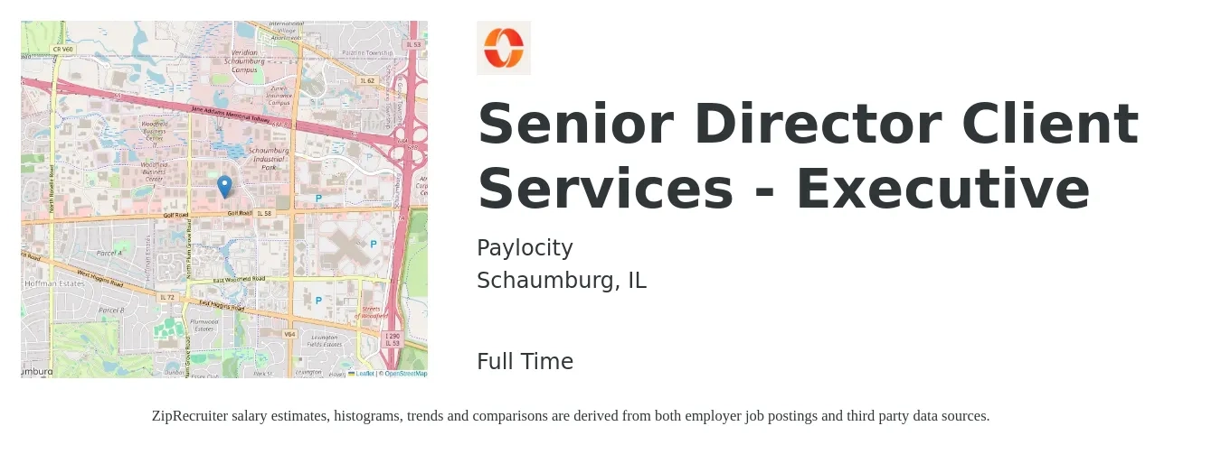 Paylocity job posting for a Senior Director Client Services - Executive in Schaumburg, IL with a salary of $64,100 to $108,100 Yearly with a map of Schaumburg location.