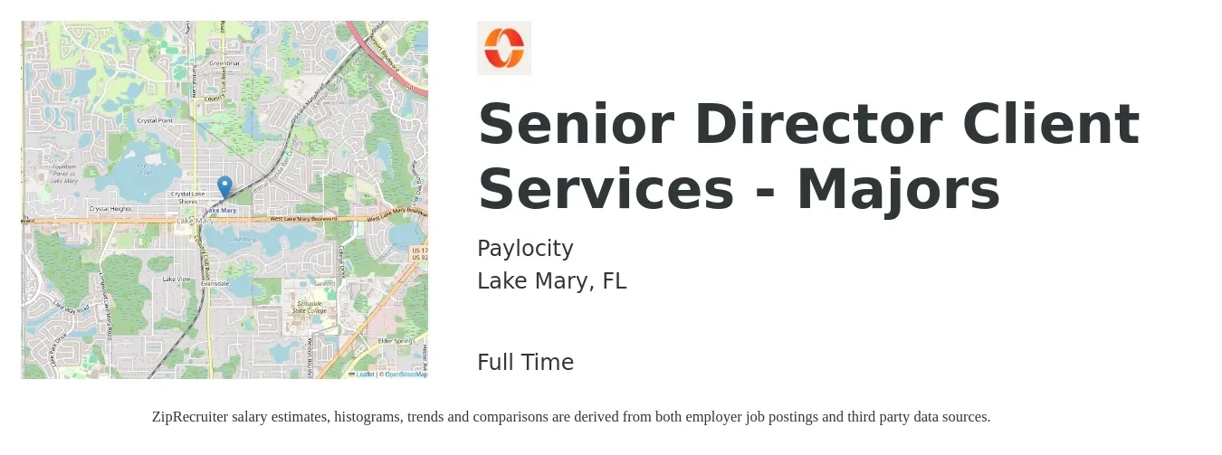 Paylocity job posting for a Senior Director Client Services - Majors in Lake Mary, FL with a salary of $56,800 to $95,700 Yearly with a map of Lake Mary location.