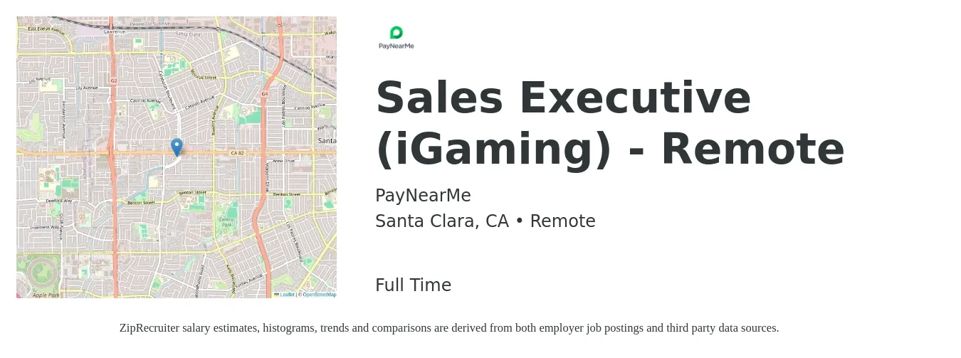 PayNearMe job posting for a Sales Executive (iGaming) - Remote in Santa Clara, CA with a salary of $100,000 to $130,000 Yearly with a map of Santa Clara location.