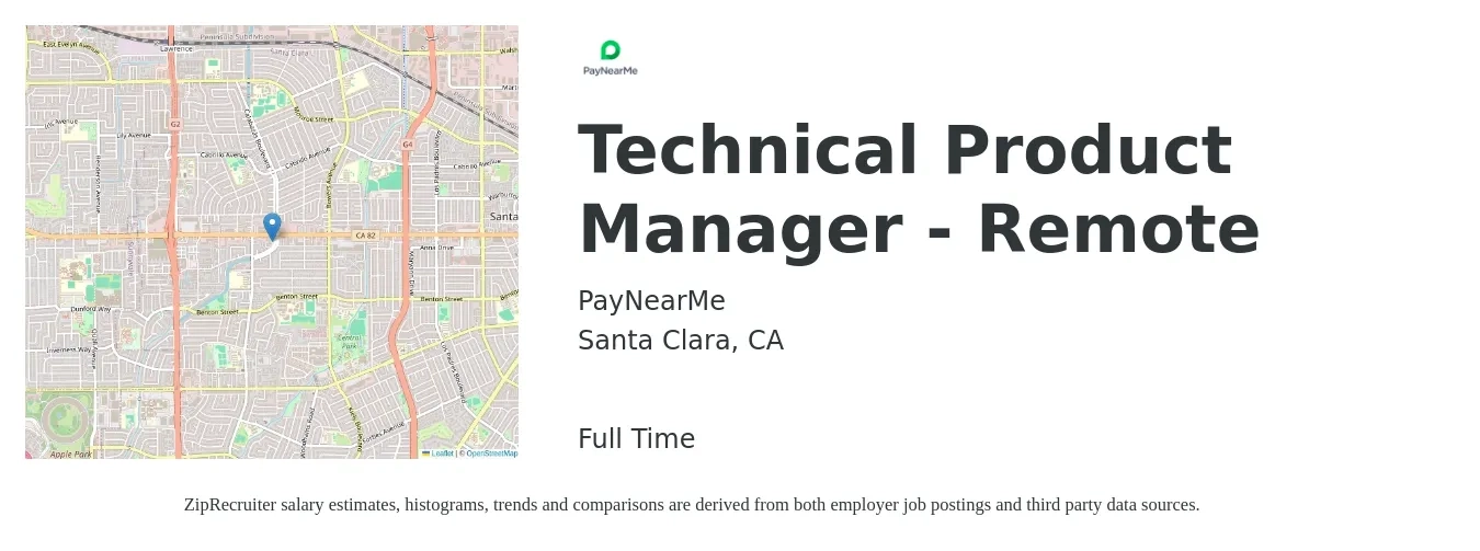PayNearMe job posting for a Technical Product Manager - Remote in Santa Clara, CA with a salary of $160,000 to $190,000 Yearly with a map of Santa Clara location.