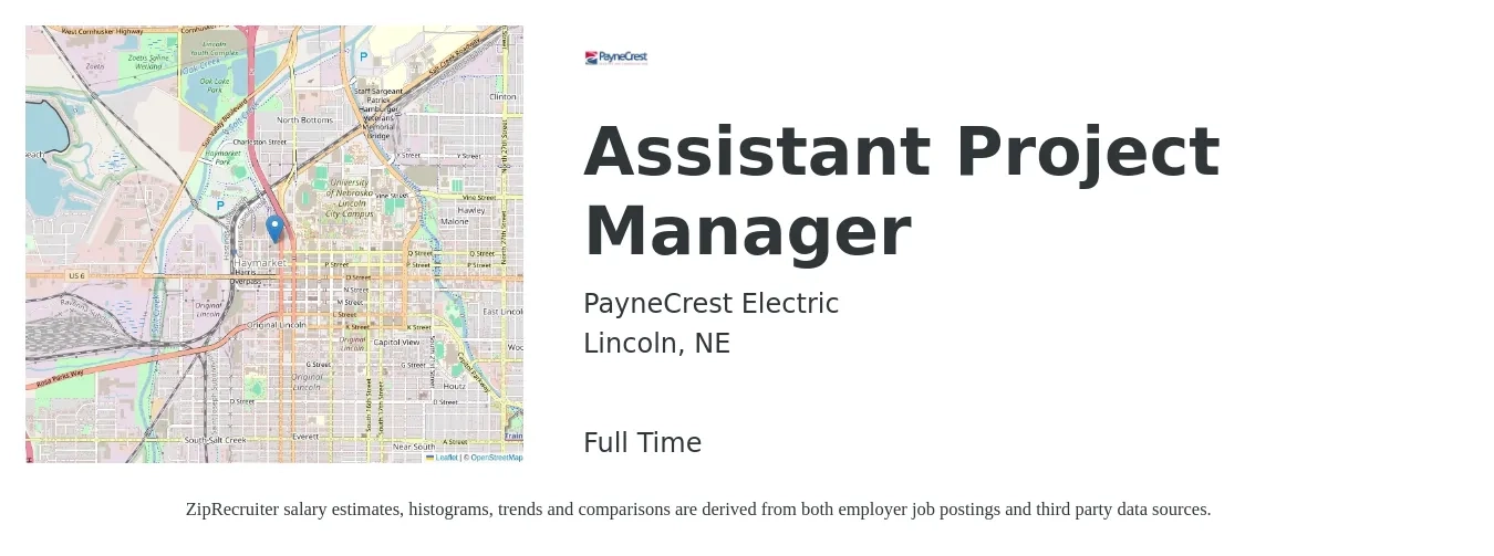 PayneCrest Electric job posting for a Assistant Project Manager in Lincoln, NE with a salary of $46,900 to $77,100 Yearly with a map of Lincoln location.