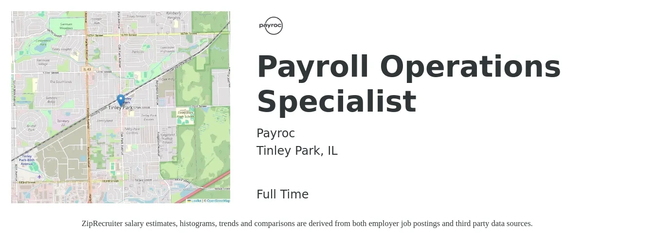 Payroc job posting for a Payroll Operations Specialist in Tinley Park, IL with a salary of $60,000 to $65,000 Yearly with a map of Tinley Park location.