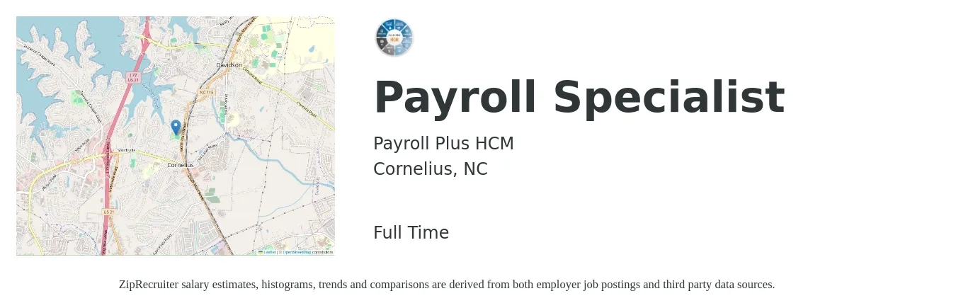 Payroll Plus HCM job posting for a Payroll Specialist in Cornelius, NC with a salary of $22 to $30 Hourly with a map of Cornelius location.