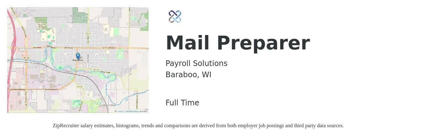 Payroll Solutions job posting for a Mail Preparer in Baraboo, WI with a salary of $15 to $18 Hourly with a map of Baraboo location.