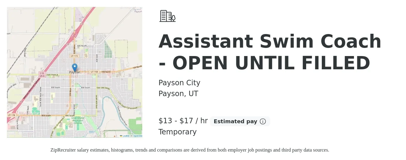 Payson City job posting for a Assistant Swim Coach - OPEN UNTIL FILLED in Payson, UT with a salary of $14 to $18 Hourly with a map of Payson location.
