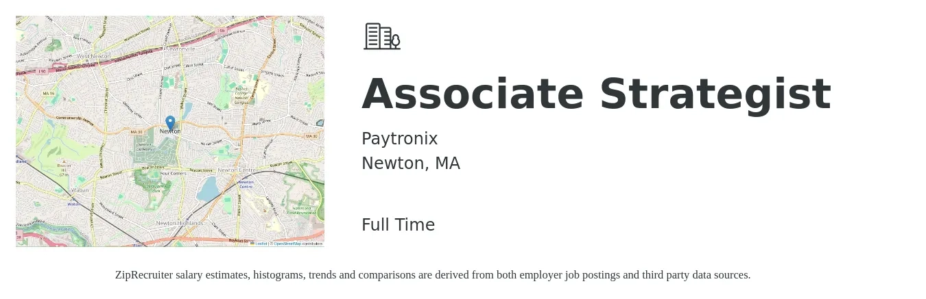 Paytronix job posting for a Associate Strategist in Newton, MA with a salary of $133,300 to $172,200 Yearly with a map of Newton location.