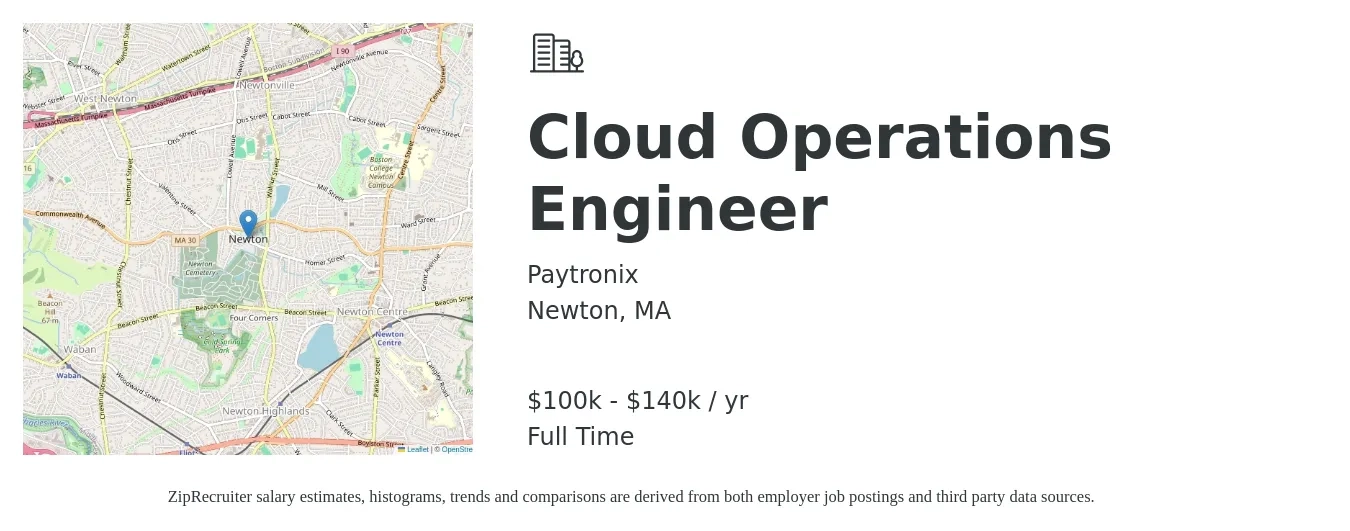 Paytronix job posting for a Cloud Operations Engineer in Newton, MA with a salary of $100,000 to $140,000 Yearly with a map of Newton location.