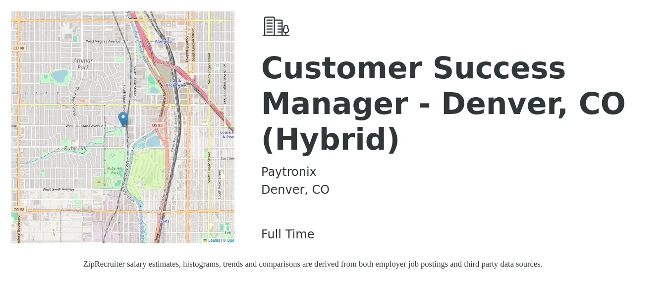 Paytronix job posting for a Customer Success Manager - Denver, CO (Hybrid) in Denver, CO with a salary of $61,200 to $101,900 Yearly with a map of Denver location.