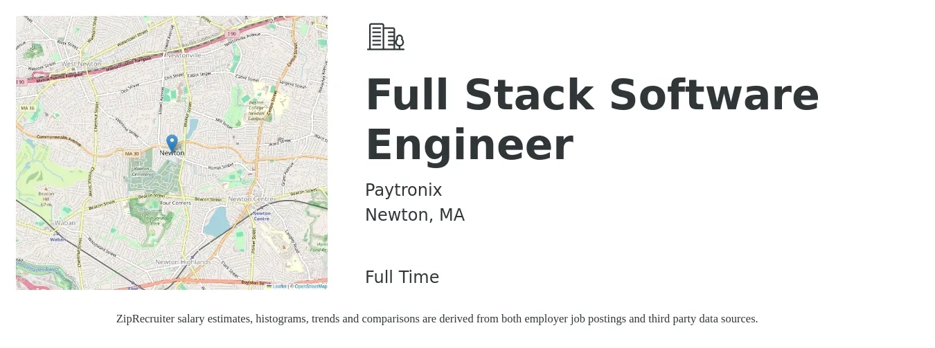 Paytronix job posting for a Full Stack Software Engineer in Newton, MA with a salary of $121,800 to $173,300 Yearly with a map of Newton location.
