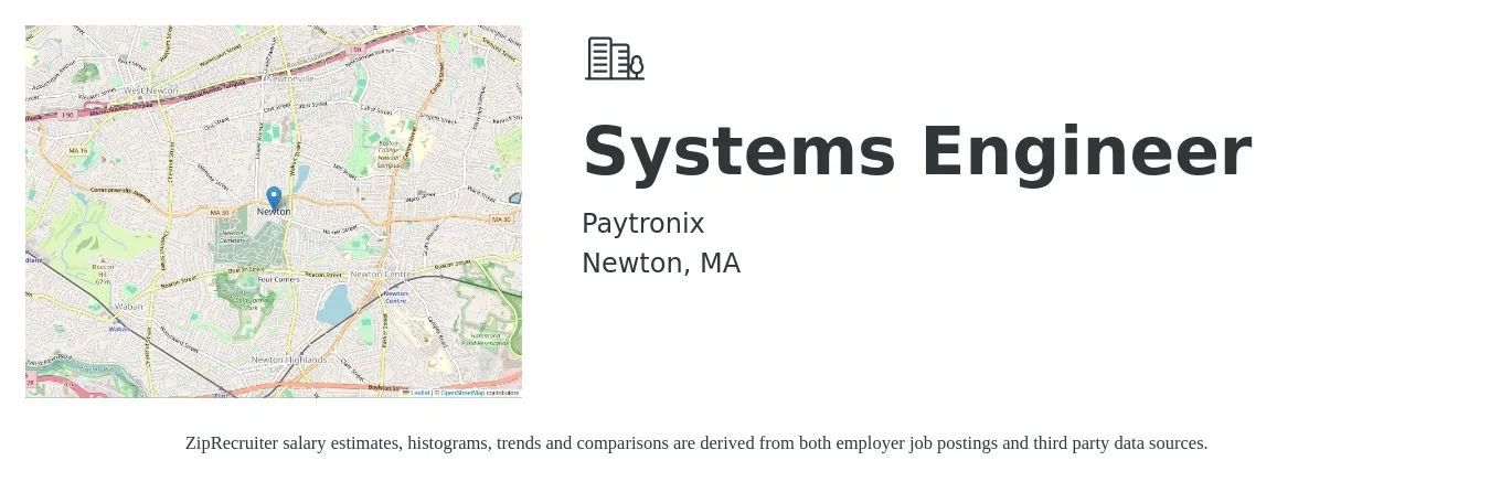 Paytronix job posting for a Systems Engineer in Newton, MA with a salary of $107,500 to $172,200 Yearly with a map of Newton location.