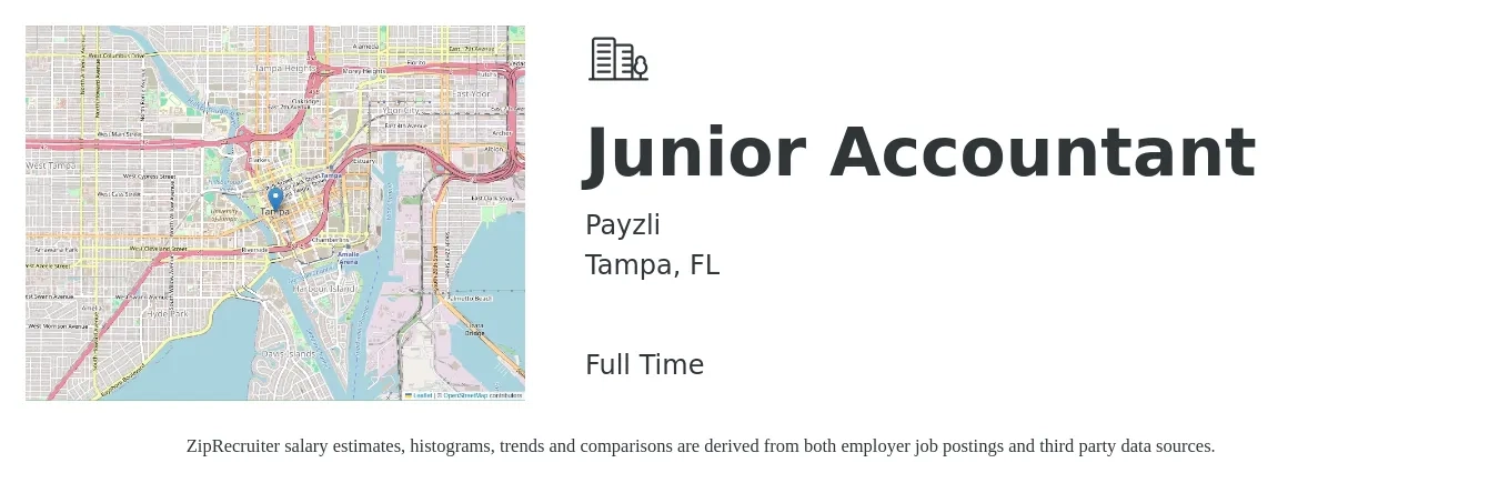 Payzli job posting for a Junior Accountant in Tampa, FL with a salary of $60,000 to $65,000 Yearly with a map of Tampa location.