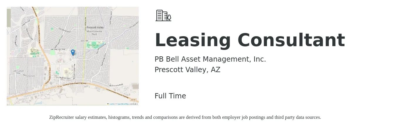 PB Bell Asset Management, Inc. job posting for a Leasing Consultant in Prescott Valley, AZ with a salary of $16 to $19 Hourly with a map of Prescott Valley location.