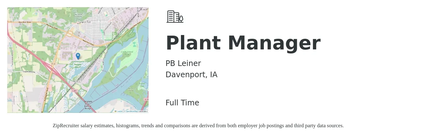PB Leiner job posting for a Plant Manager in Davenport, IA with a salary of $80,800 to $124,700 Yearly with a map of Davenport location.