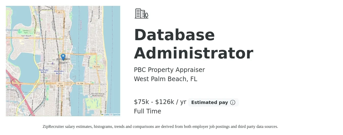 PBC Property Appraiser job posting for a Database Administrator in West Palm Beach, FL with a salary of $75,281 to $126,996 Yearly with a map of West Palm Beach location.