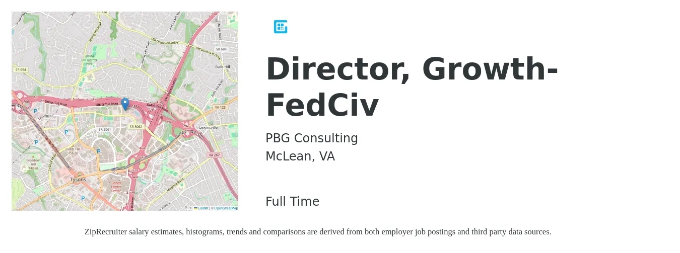 PBG Consulting job posting for a Director, Growth-FedCiv in McLean, VA with a salary of $43,000 to $106,100 Yearly with a map of McLean location.