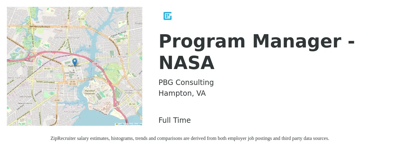 PBG Consulting job posting for a Program Manager - NASA in Hampton, VA with a salary of $69,600 to $115,900 Yearly with a map of Hampton location.