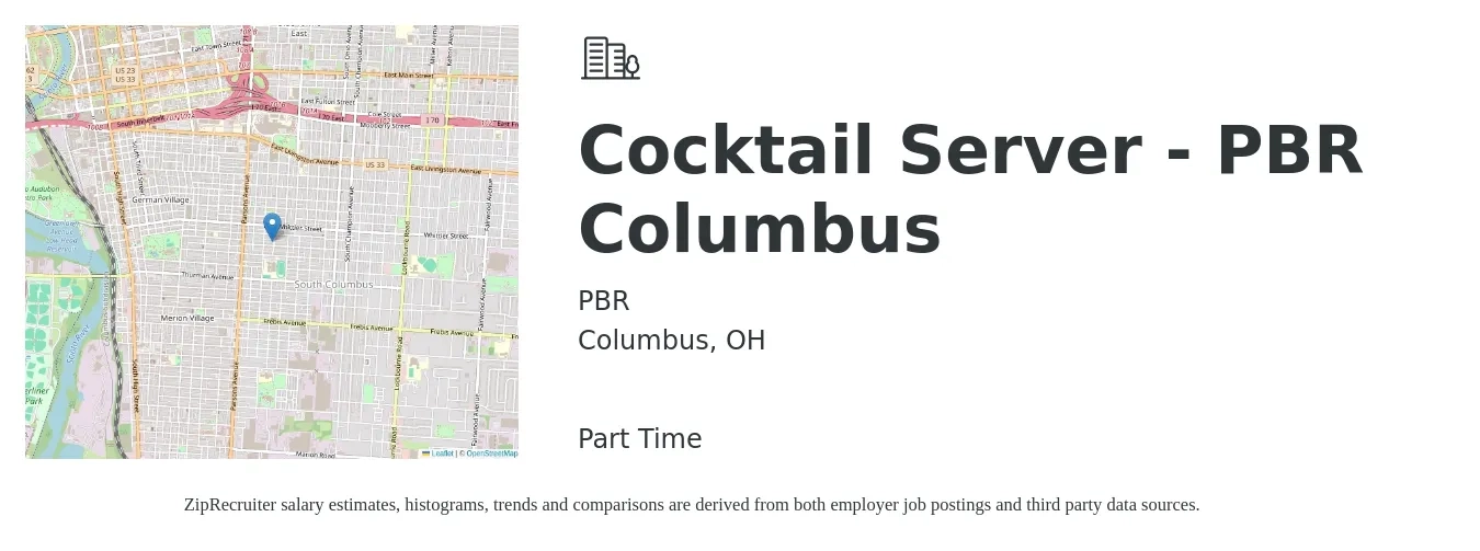 PBR job posting for a Cocktail Server - PBR Columbus in Columbus, OH with a salary of $10 to $16 Hourly with a map of Columbus location.