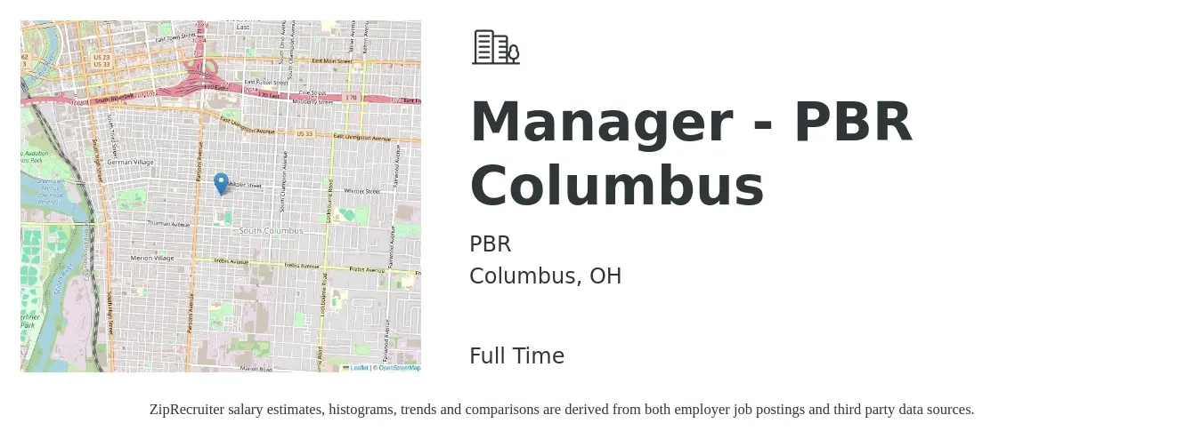 PBR job posting for a Manager - PBR Columbus in Columbus, OH with a salary of $41,300 to $64,800 Yearly with a map of Columbus location.