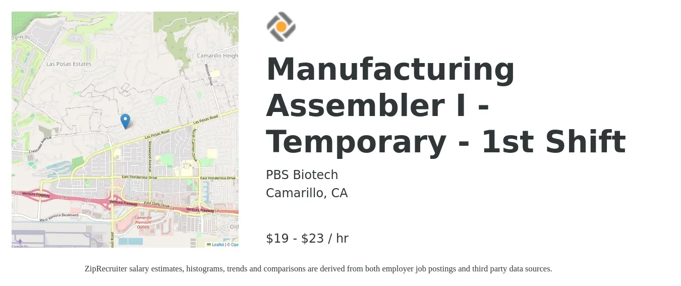 PBS Biotech job posting for a Manufacturing Assembler I - Temporary - 1st Shift in Camarillo, CA with a salary of $21 to $24 Hourly with a map of Camarillo location.