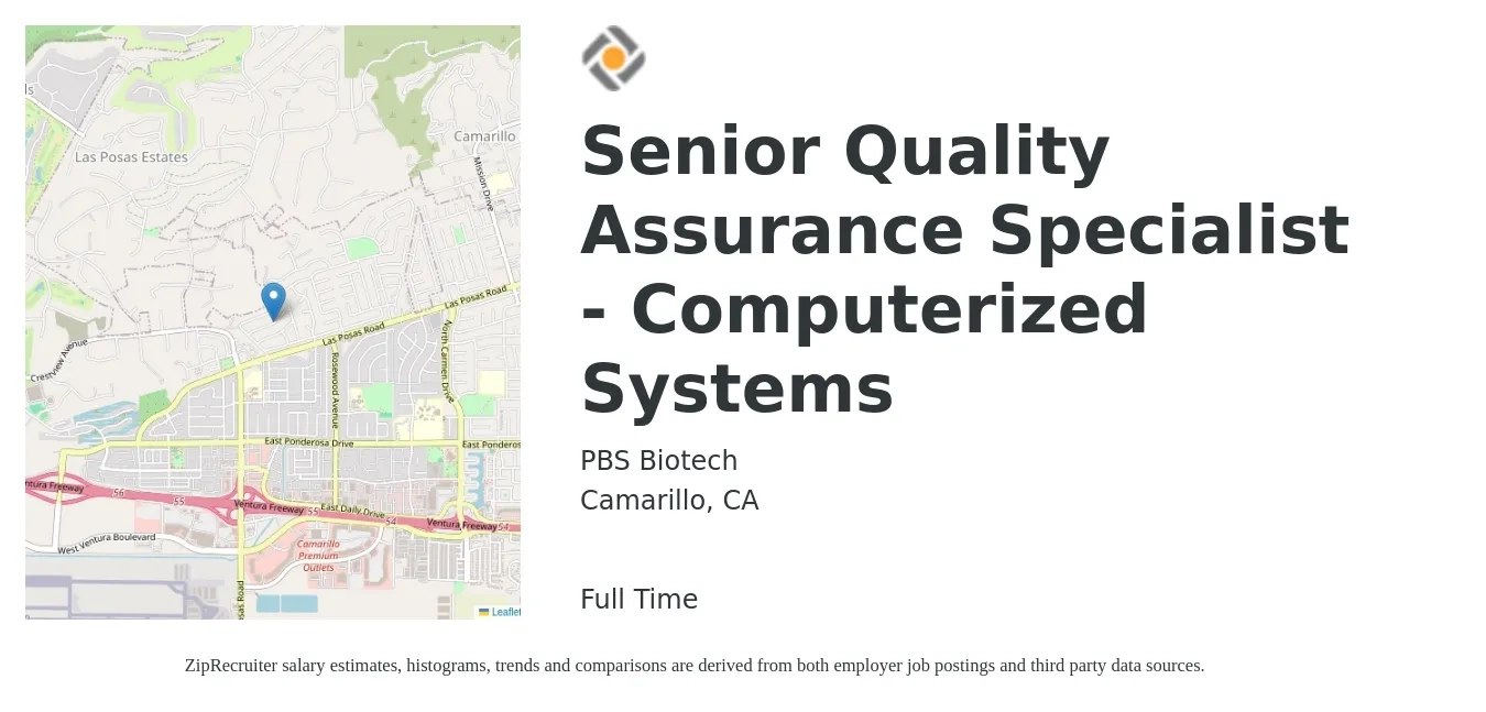 PBS Biotech job posting for a Senior Quality Assurance Specialist - Computerized Systems in Camarillo, CA with a salary of $84,200 to $115,800 Yearly with a map of Camarillo location.