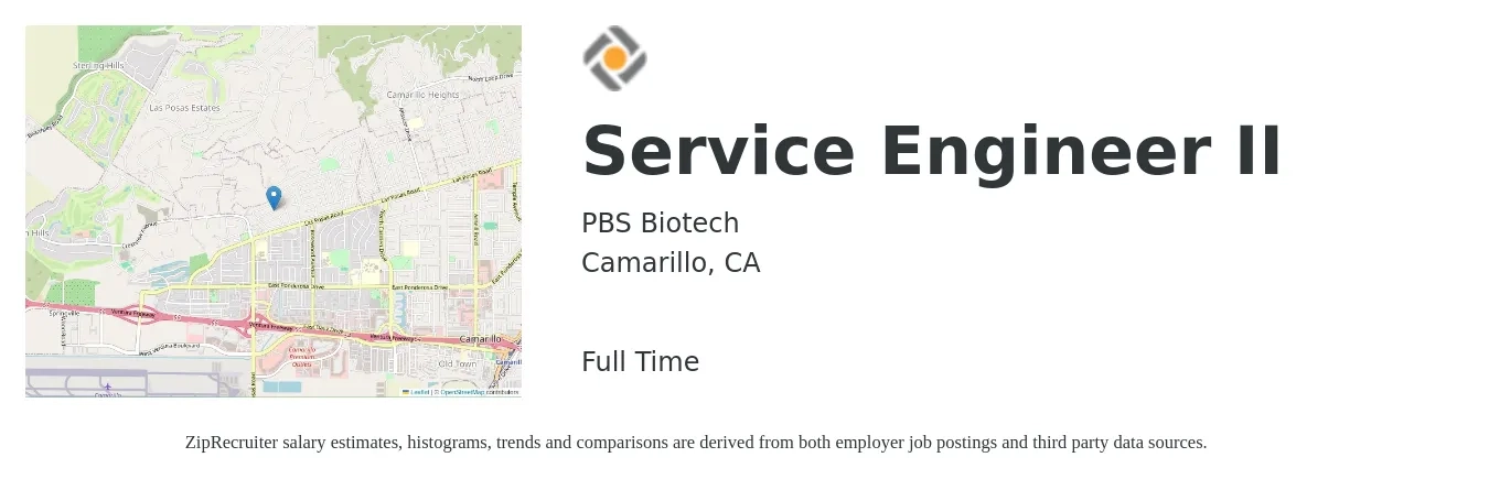 PBS Biotech job posting for a Service Engineer II in Camarillo, CA with a salary of $85,000 to $100,000 Yearly with a map of Camarillo location.