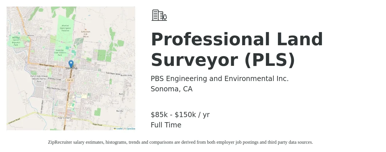 PBS Engineering and Environmental LLC job posting for a Professional Land Surveyor (PLS) in Sonoma, CA with a salary of $85,000 to $150,000 Yearly with a map of Sonoma location.