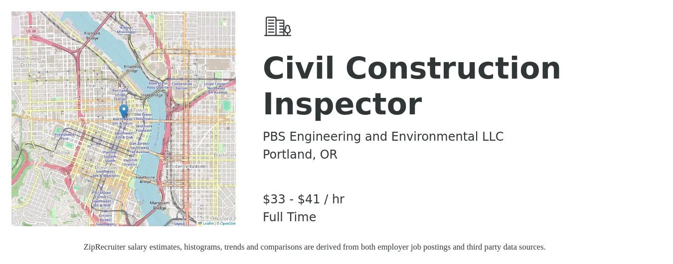 PBS Engineering and Environmental LLC job posting for a Civil Construction Inspector in Portland, OR with a salary of $35 to $43 Hourly with a map of Portland location.