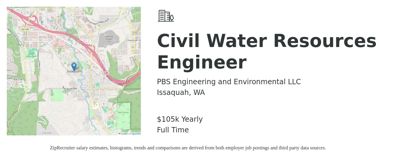 PBS Engineering and Environmental LLC job posting for a Civil Water Resources Engineer in Issaquah, WA with a salary of $105,000 Yearly with a map of Issaquah location.